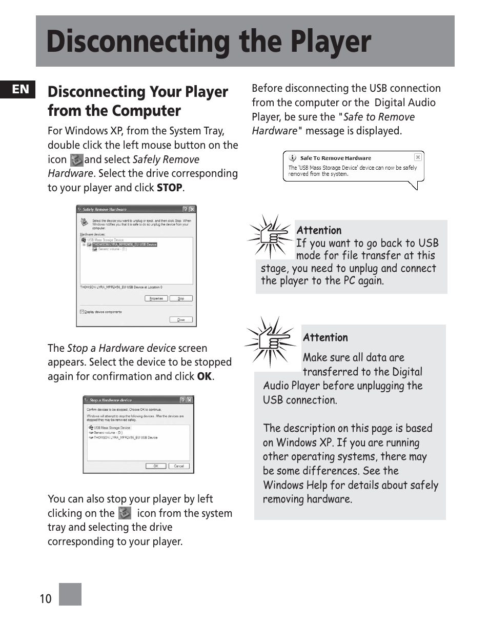 Disconnecting the player, Disconnecting your player from the computer | RCA M250 User Manual | Page 46 / 48