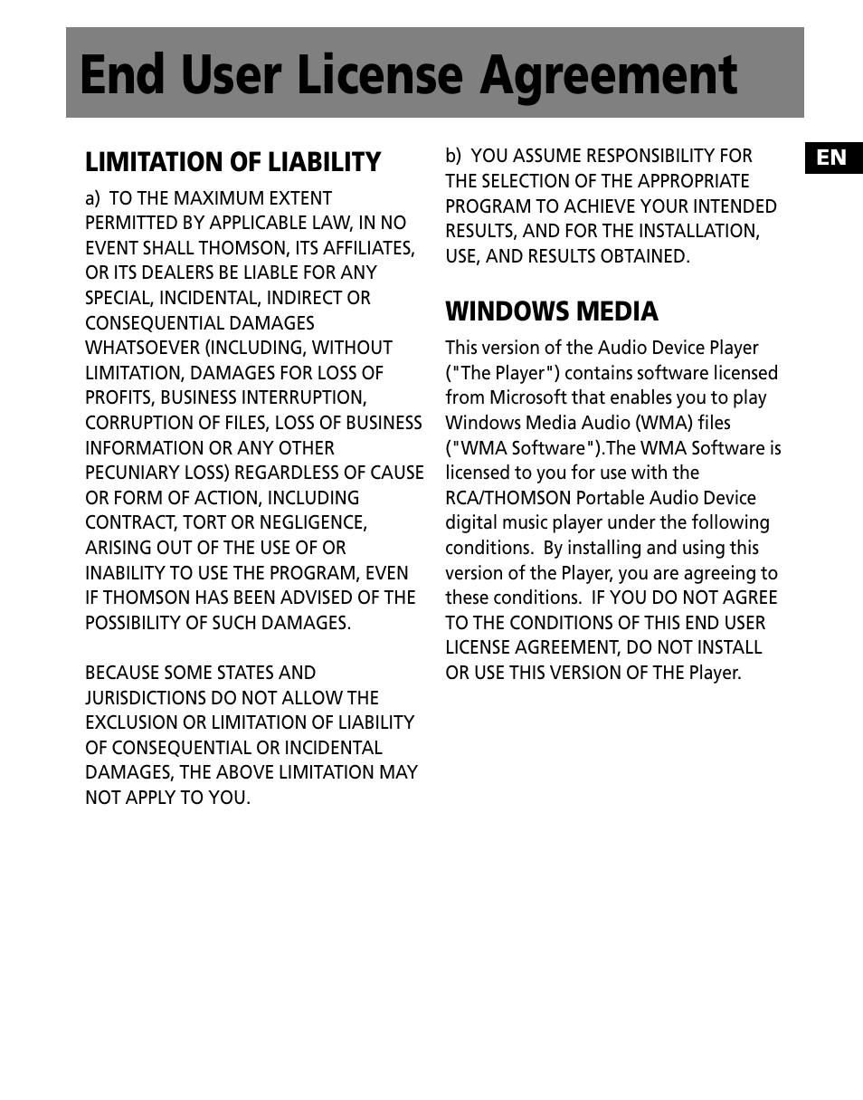 End user license agreement | RCA M250 User Manual | Page 7 / 48