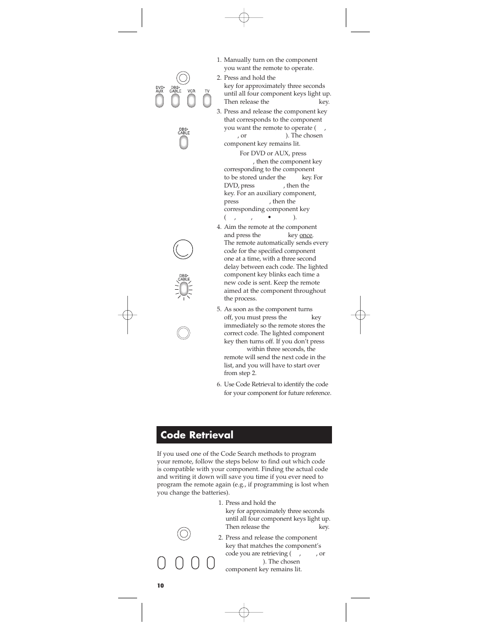 Code retrieval, Auto code search | RCA RCU450 User Manual | Page 10 / 16