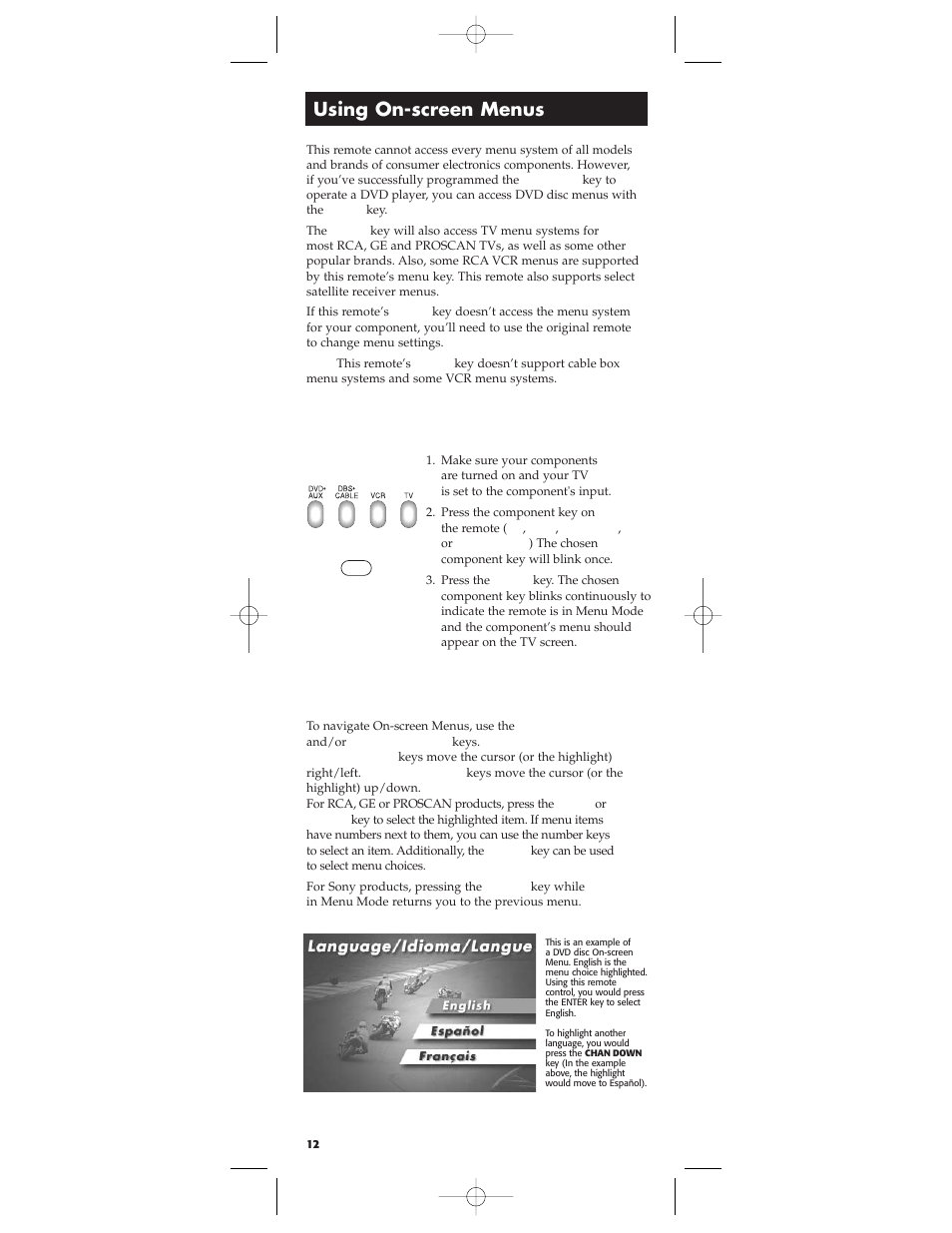 Using on-screen menus, Highlighting and selecting menu items, Accessing a menu system | RCA RCU450 User Manual | Page 12 / 16