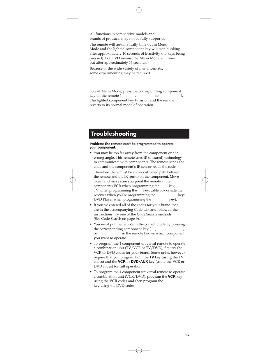 Troubleshooting, Exiting a menu system | RCA RCU450 User Manual | Page 13 / 16