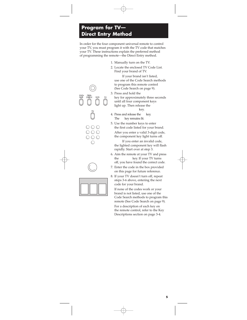 Program for tv— direct entry method | RCA RCU450 User Manual | Page 5 / 16