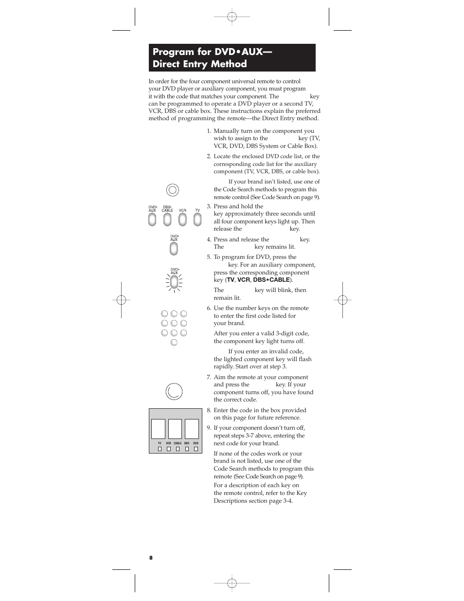 Program for dvd•aux— direct entry method | RCA RCU450 User Manual | Page 8 / 16