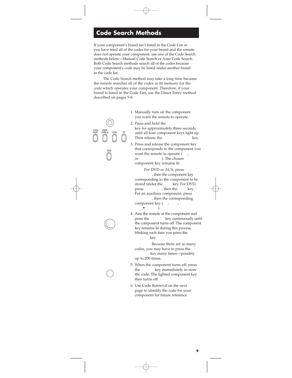 Code search methods, Manual code search | RCA RCU450 User Manual | Page 9 / 16