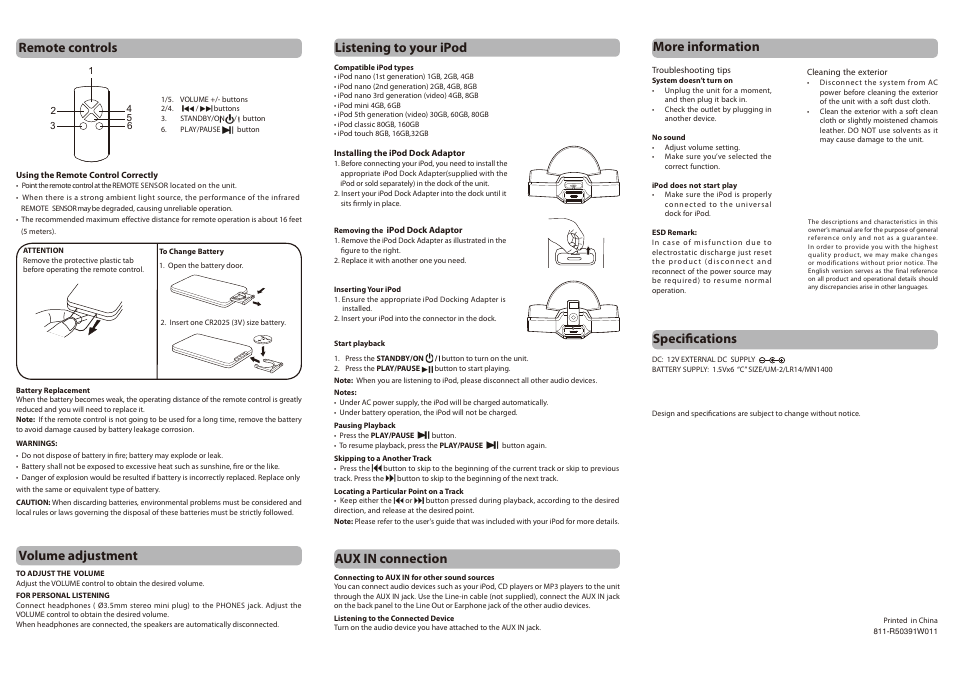 More information, Specifications, Aux in connection | RCA 811-R50391W011 User Manual | Page 2 / 2