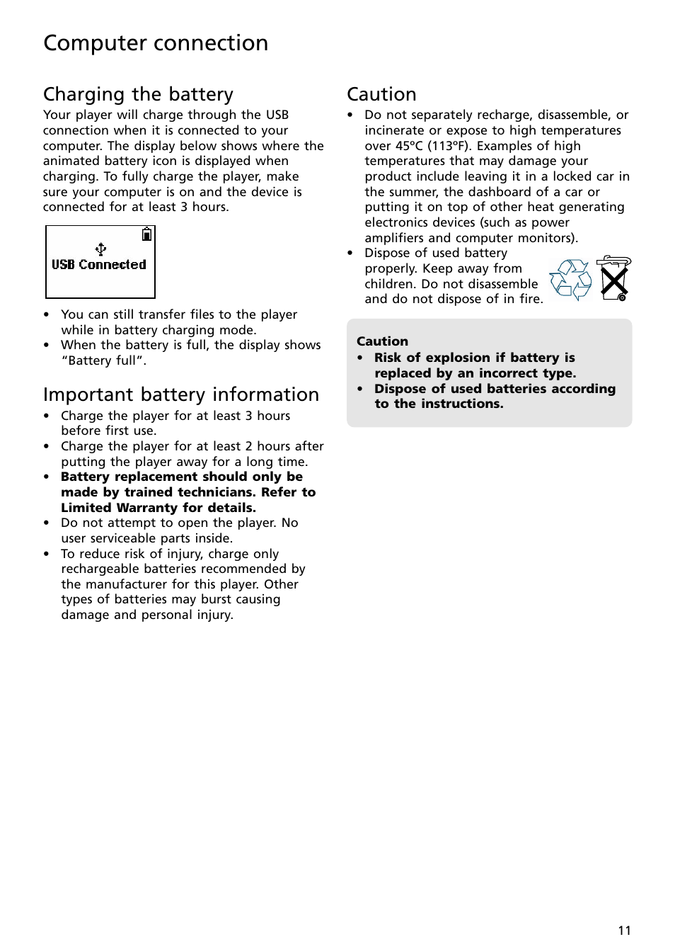 Charging the battery, Important battery information, Caution | Computer connection | RCA S2002 User Manual | Page 11 / 32