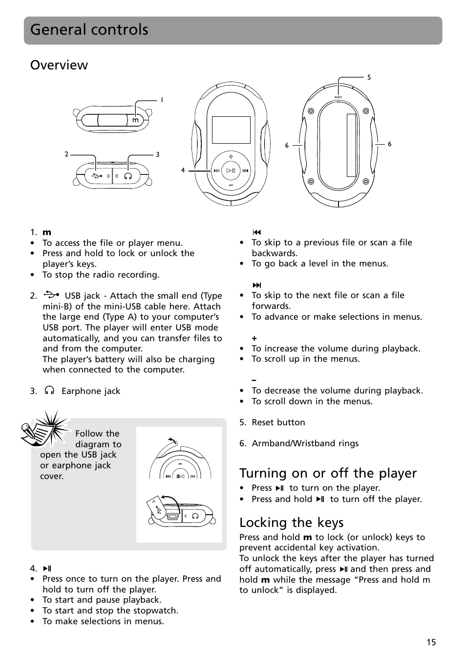 General controls, Overview, Turning on or off the player | Locking the keys | RCA S2002 User Manual | Page 15 / 32