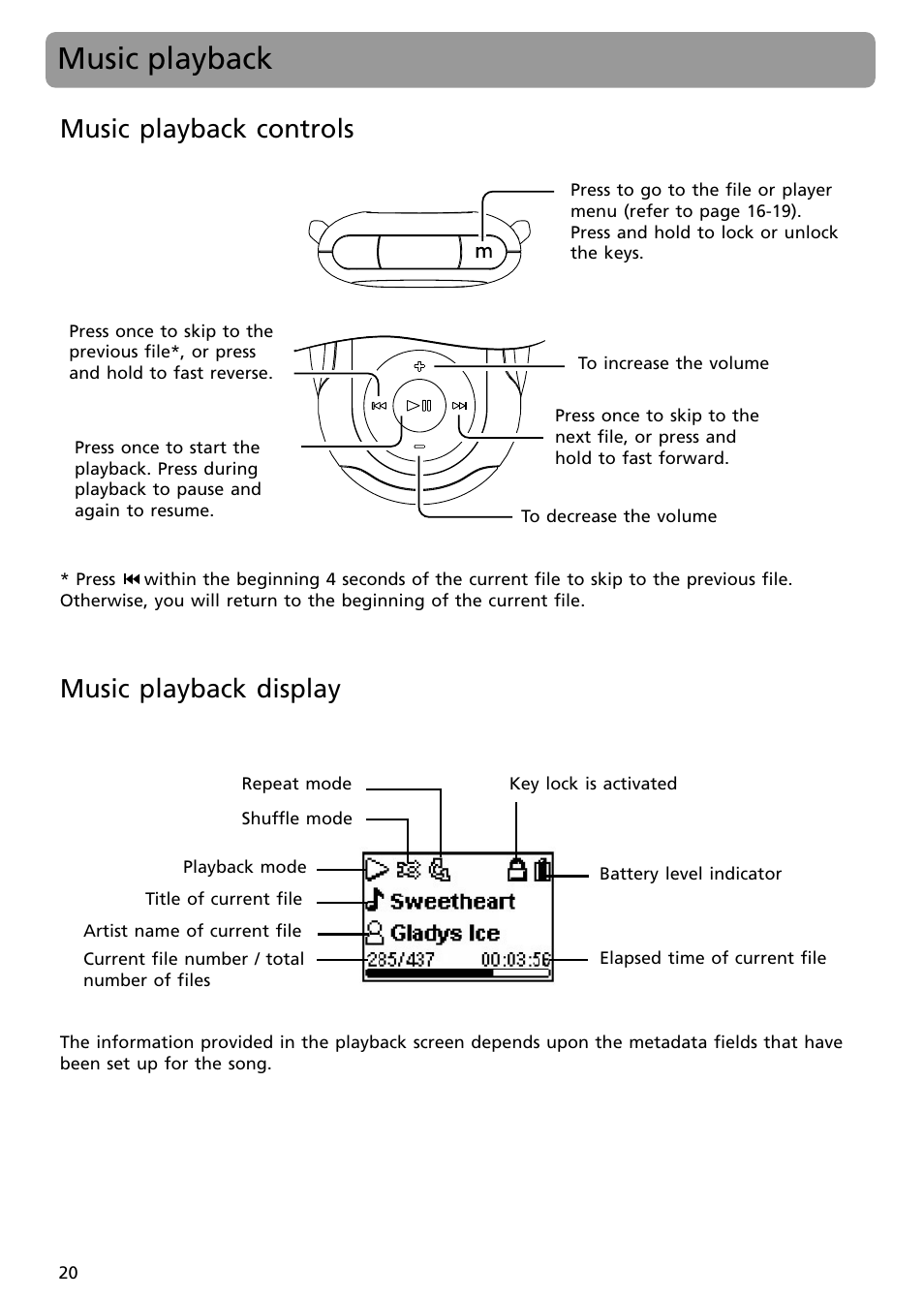 Music playback, Music playback controls, Music playback display | RCA S2002 User Manual | Page 20 / 32