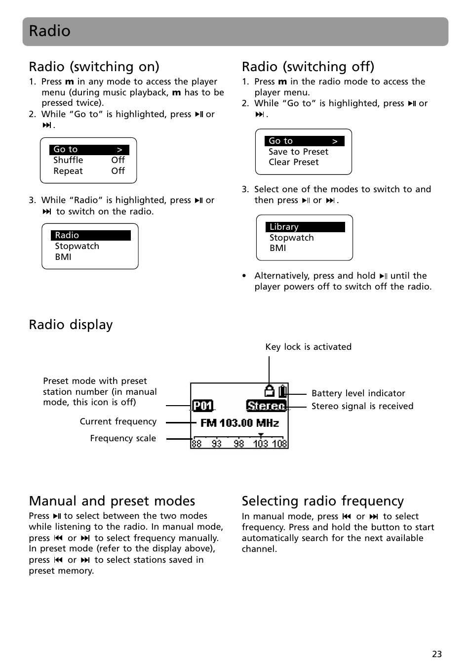 Radio, Radio (switching on), Radio (switching off) | Radio display, Manual and preset modes, Selecting radio frequency | RCA S2002 User Manual | Page 23 / 32