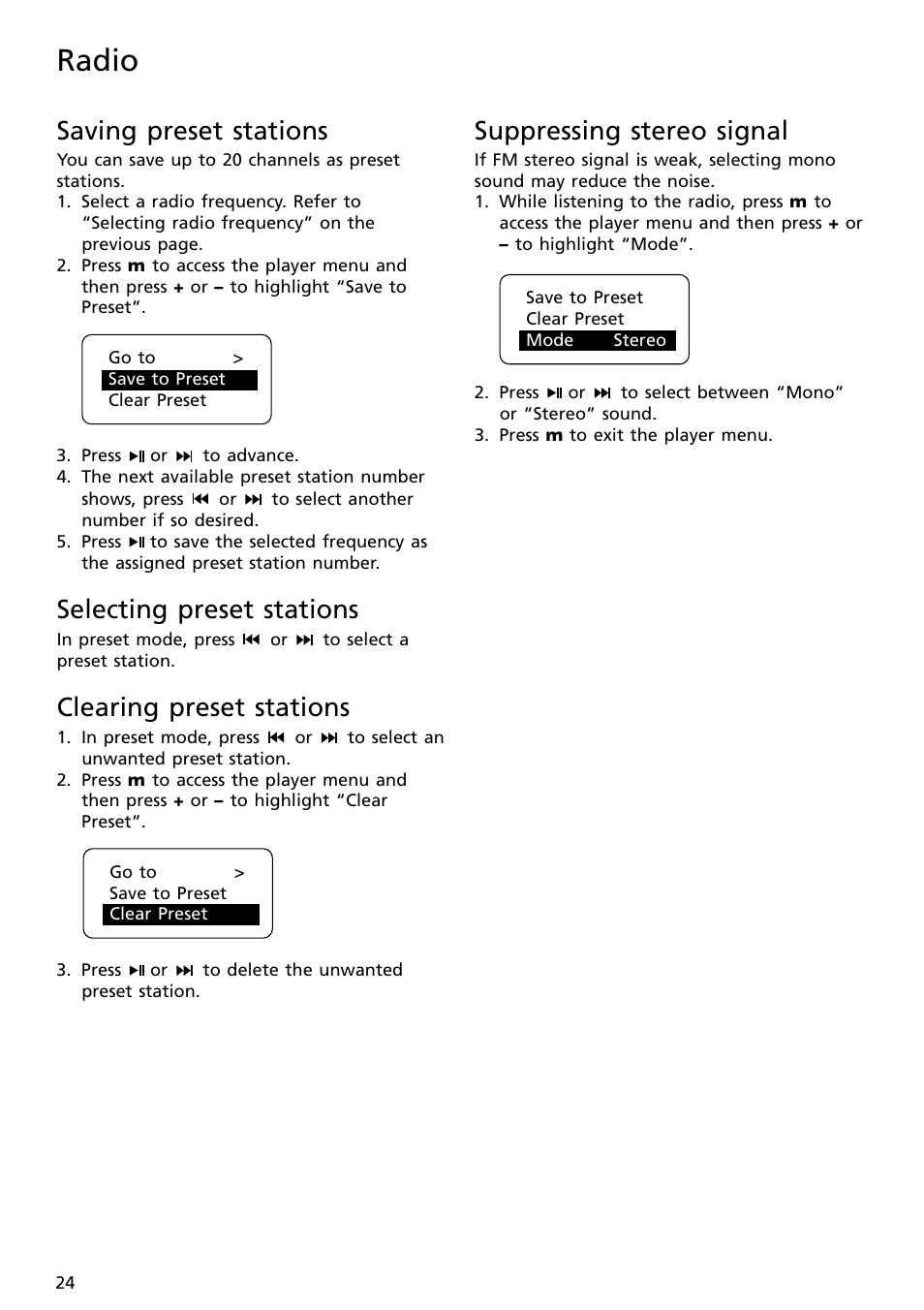 Saving preset stations, Selecting preset stations, Clearing preset stations | Suppressing stereo signal, Radio | RCA S2002 User Manual | Page 24 / 32