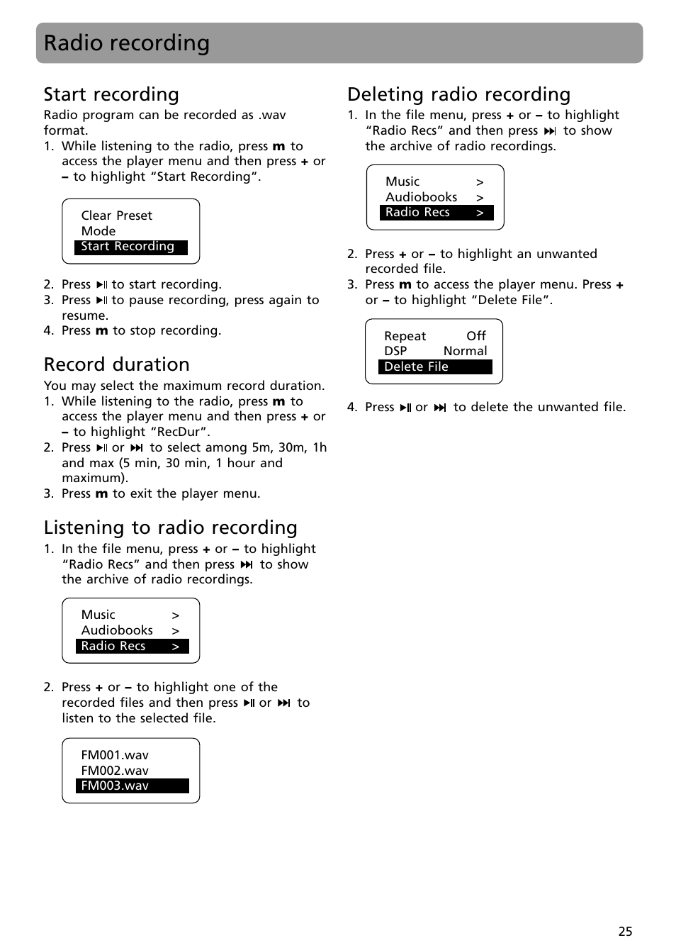 Radio recording, Start recording, Record duration | Listening to radio recording, Deleting radio recording | RCA S2002 User Manual | Page 25 / 32