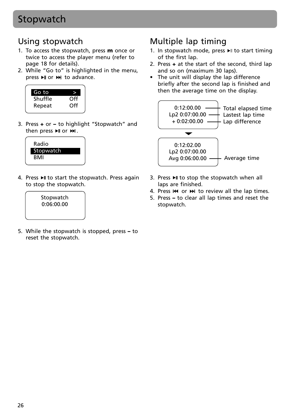 Stopwatch, Using stopwatch, Multiple lap timing | RCA S2002 User Manual | Page 26 / 32