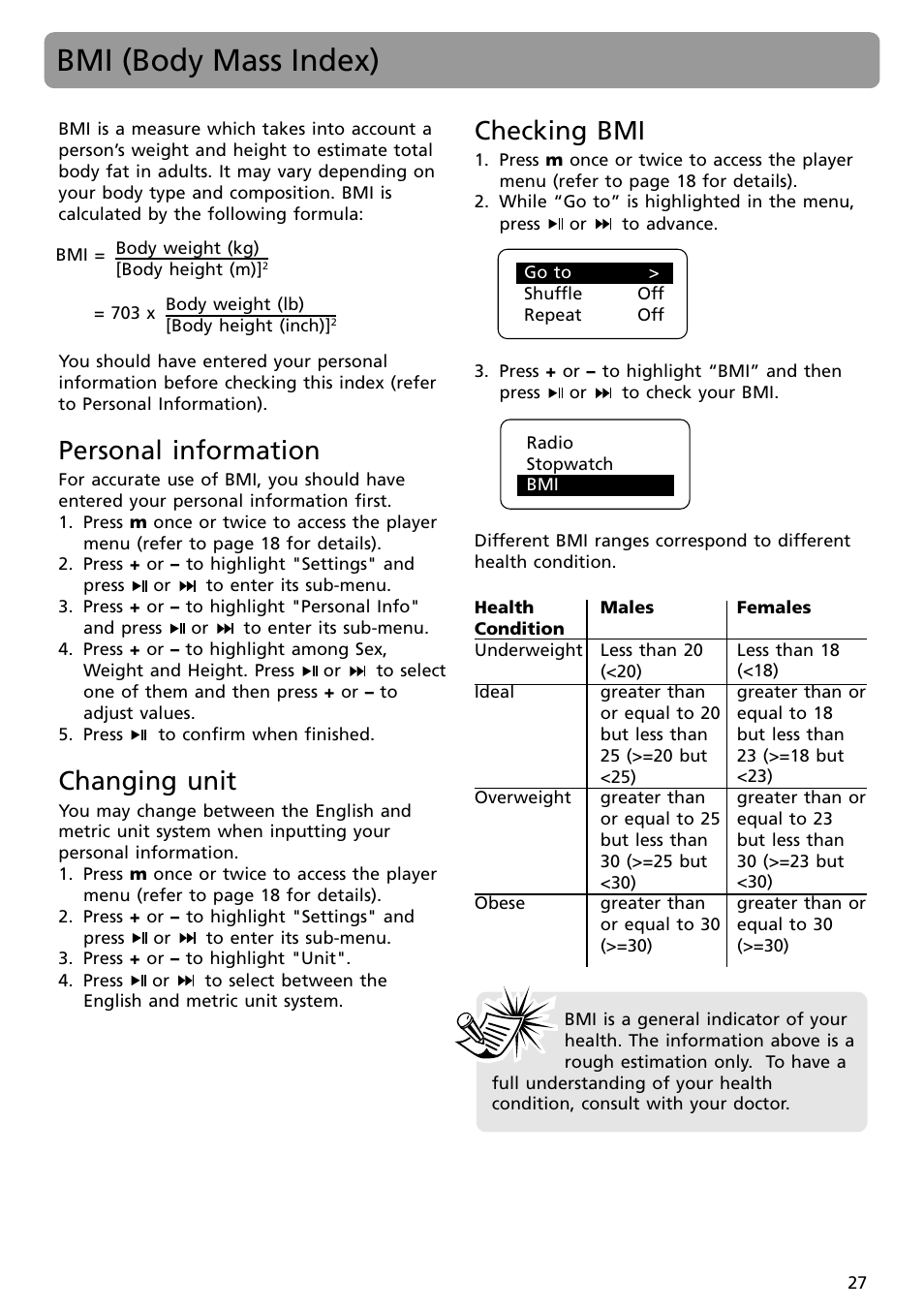 Bmi (body mass index), Personal information, Changing unit | Checking bmi | RCA S2002 User Manual | Page 27 / 32