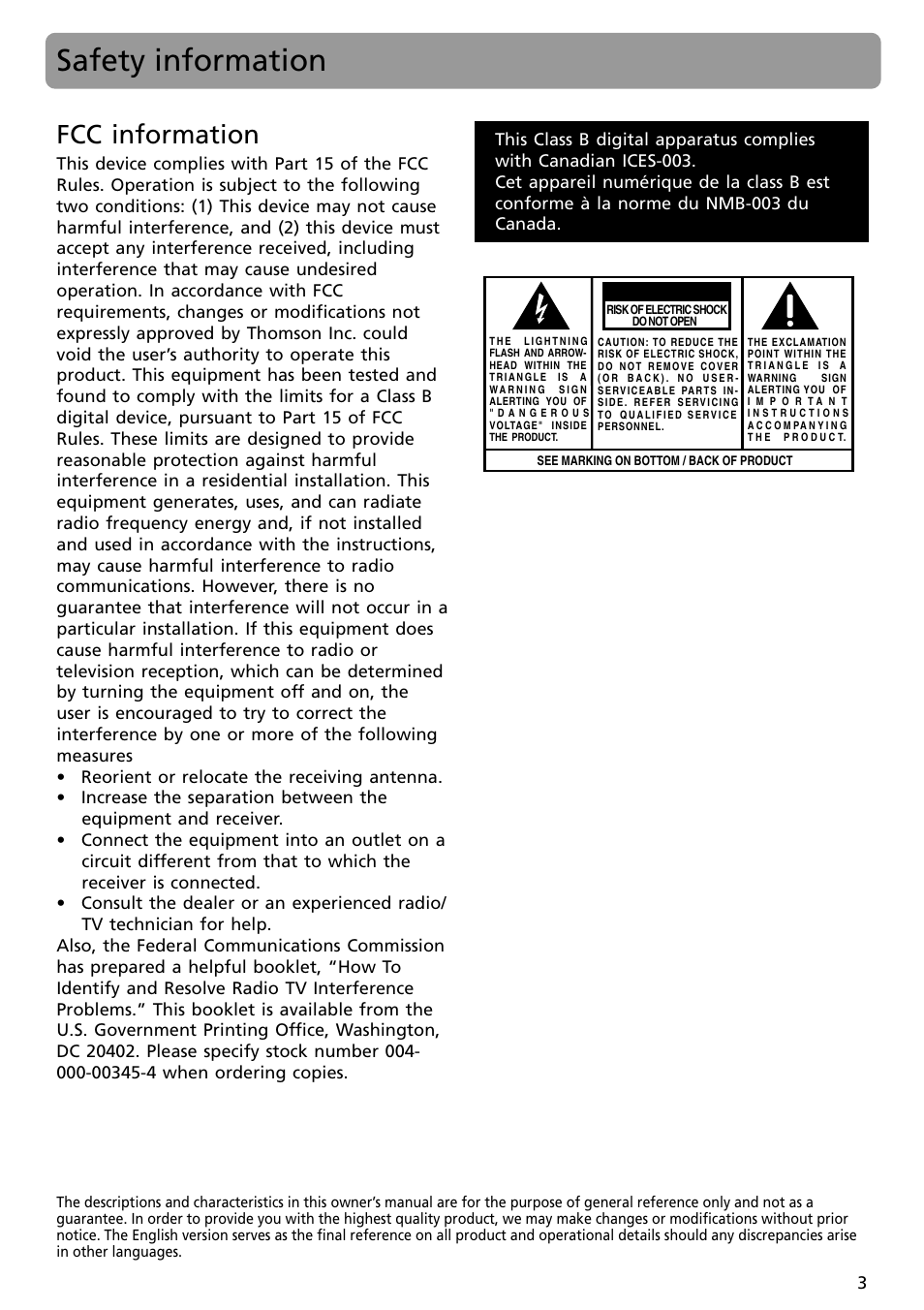 Safety information, Fcc information, Caution | RCA S2002 User Manual | Page 3 / 32