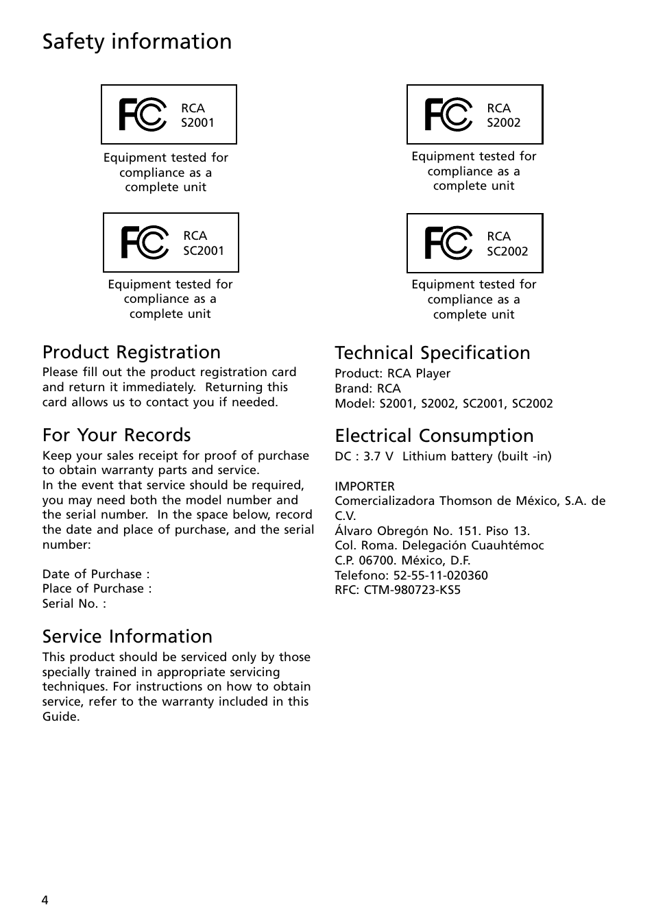 Safety information, Product registration, For your records | Service information, Technical specification, Electrical consumption | RCA S2002 User Manual | Page 4 / 32