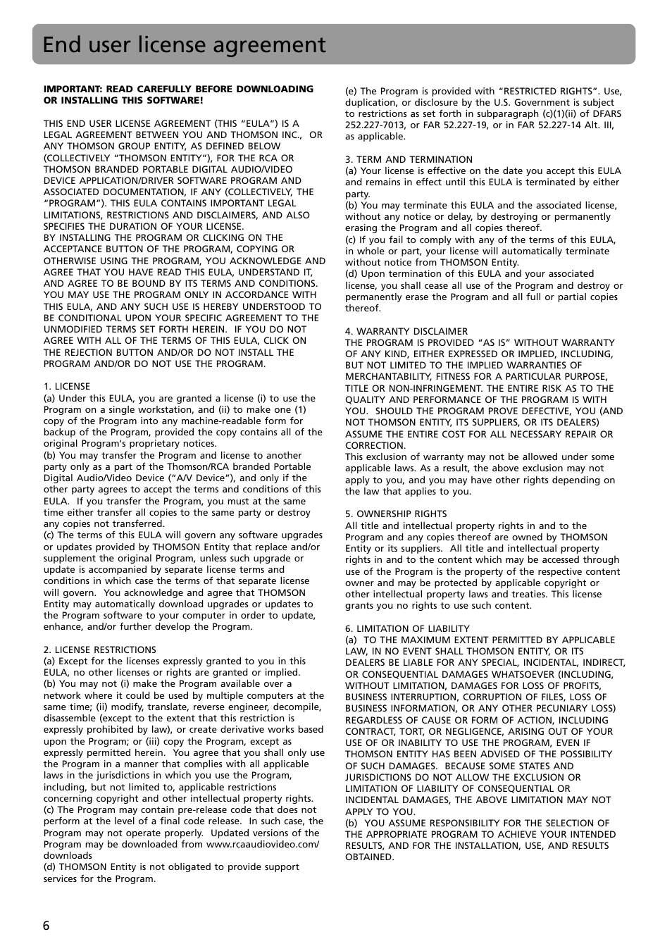 End user license agreement | RCA S2002 User Manual | Page 6 / 32