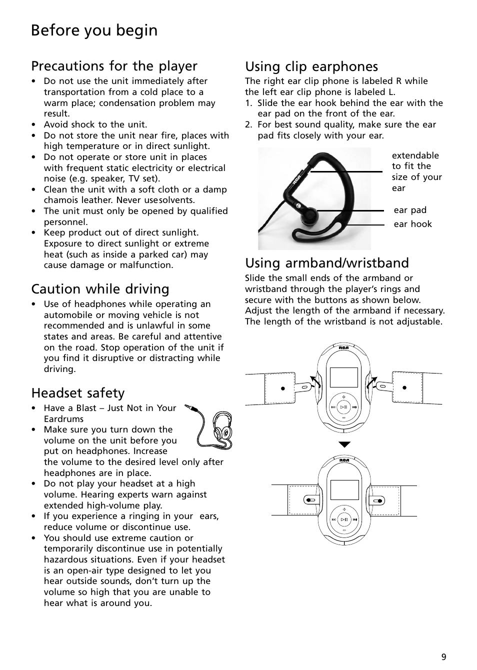 Precautions for the player, Caution while driving, Headset safety | Using clip earphones, Using armband, Before you begin, Using armband/wristband | RCA S2002 User Manual | Page 9 / 32