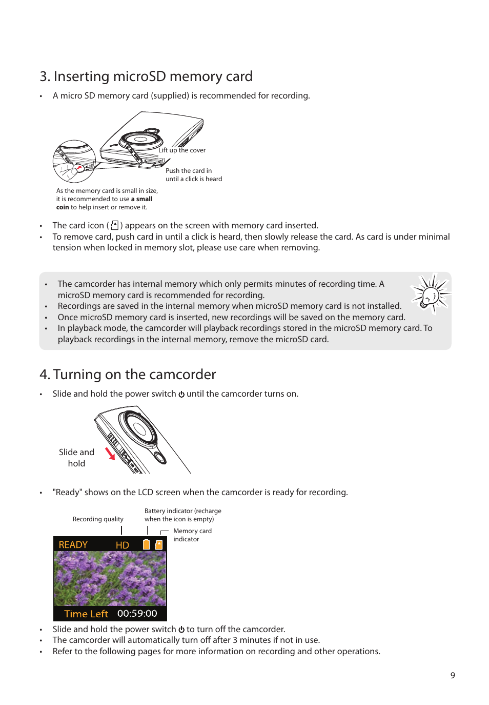 Inserting microsd memory card, Turning on the camcorder | RCA EZ2110 User Manual | Page 10 / 29
