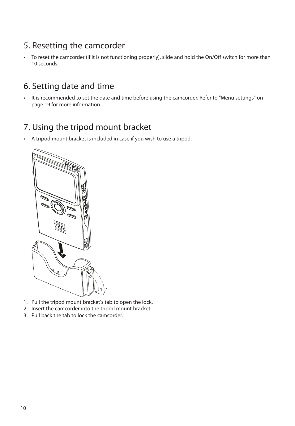 Resetting the camcorder, Setting date and time, Using the tripod mount bracket | RCA EZ2110 User Manual | Page 11 / 29