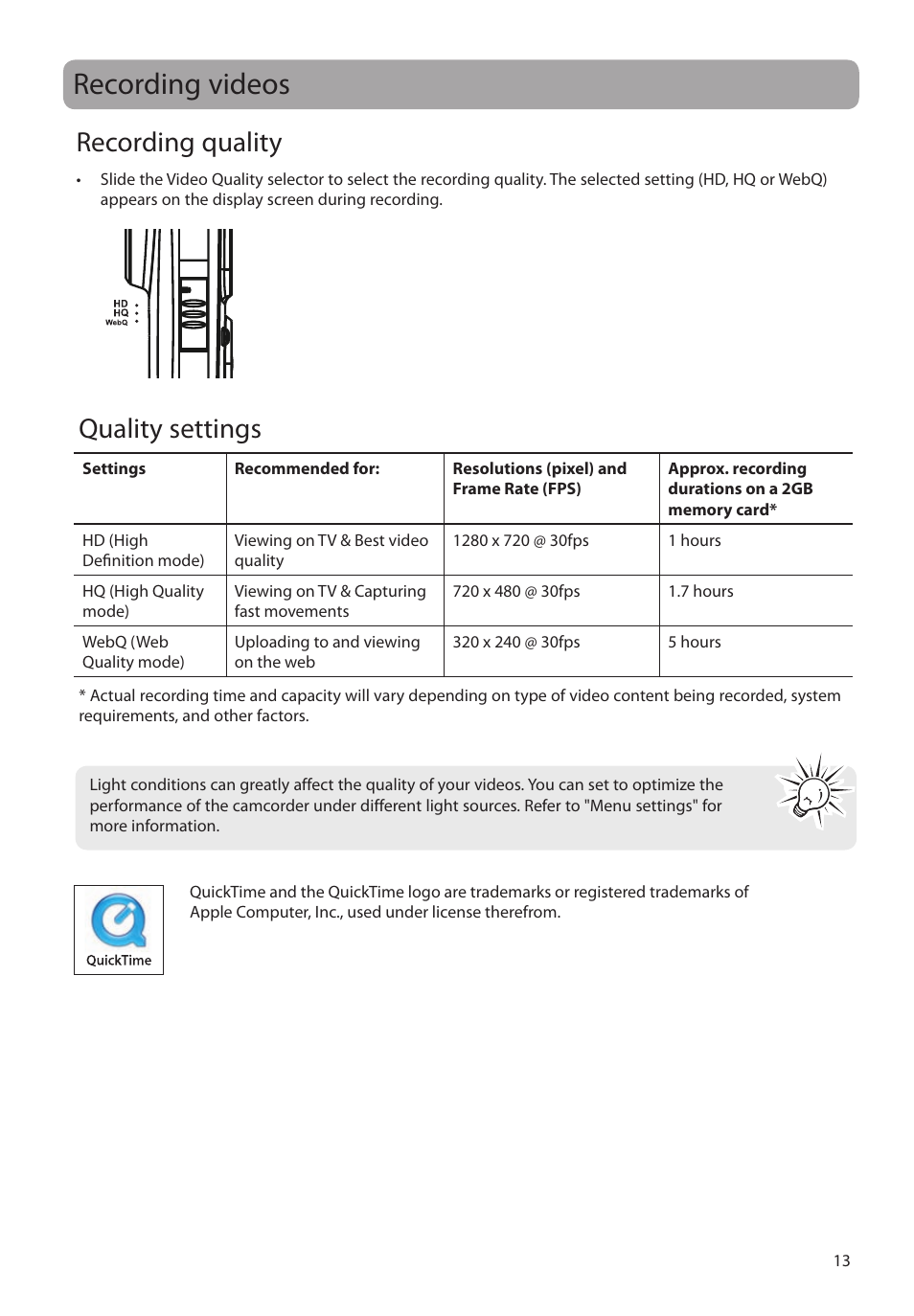 Recording videos, Recording quality, Quality settings | RCA EZ2110 User Manual | Page 14 / 29