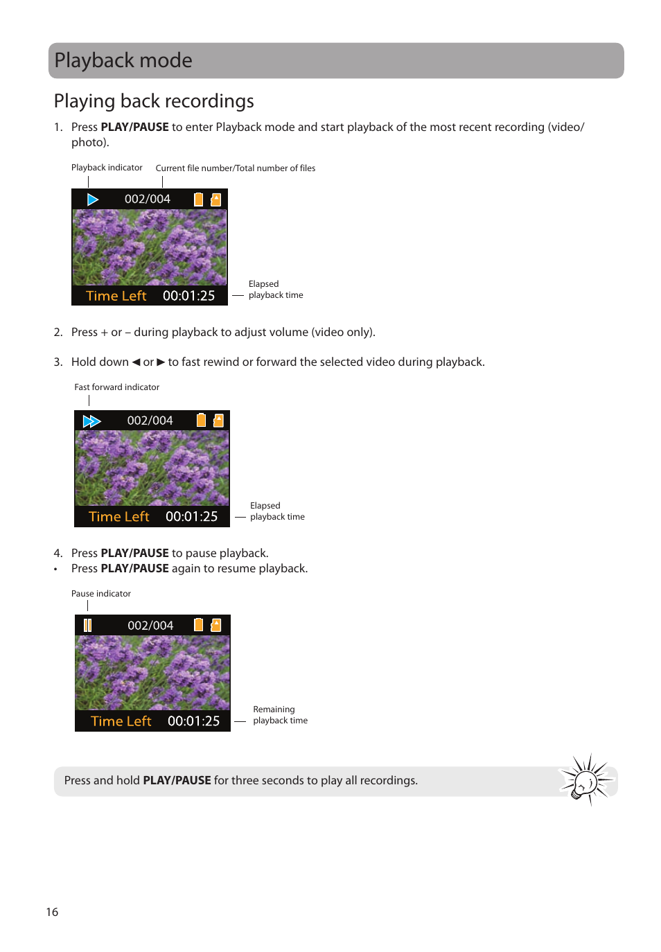 Playback mode, Playing back recordings | RCA EZ2110 User Manual | Page 17 / 29