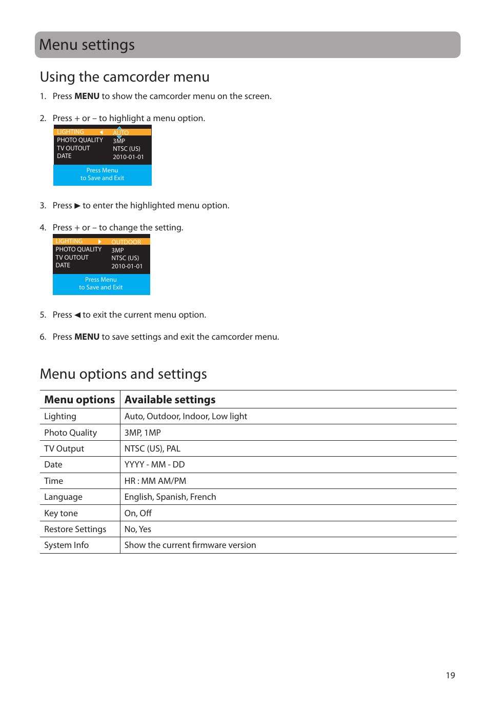 Menu settings, Using the camcorder menu, Menu options and settings | Menu options available settings | RCA EZ2110 User Manual | Page 20 / 29