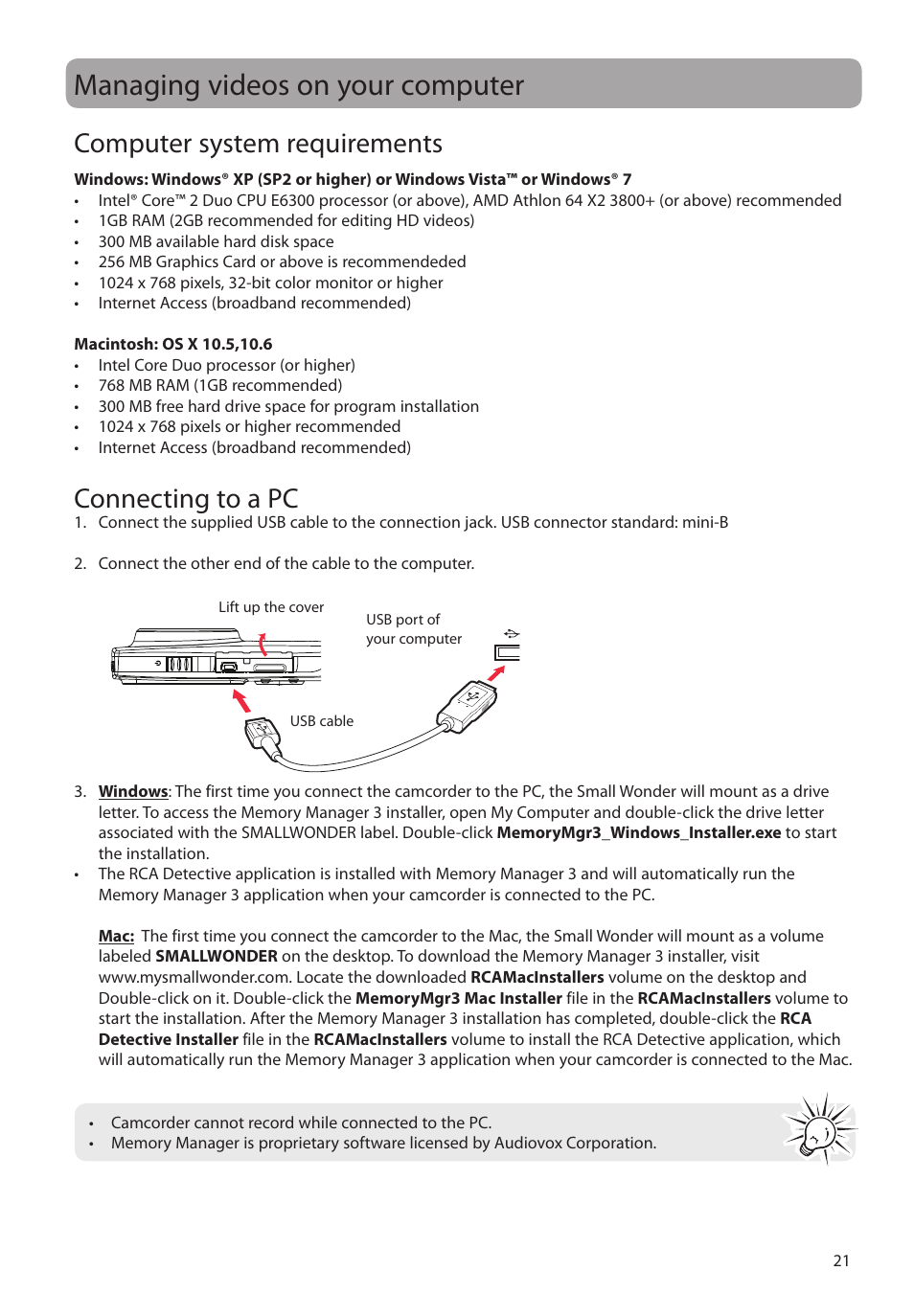 Managing videos on your computer, Computer system requirements, Connecting to a pc | RCA EZ2110 User Manual | Page 22 / 29