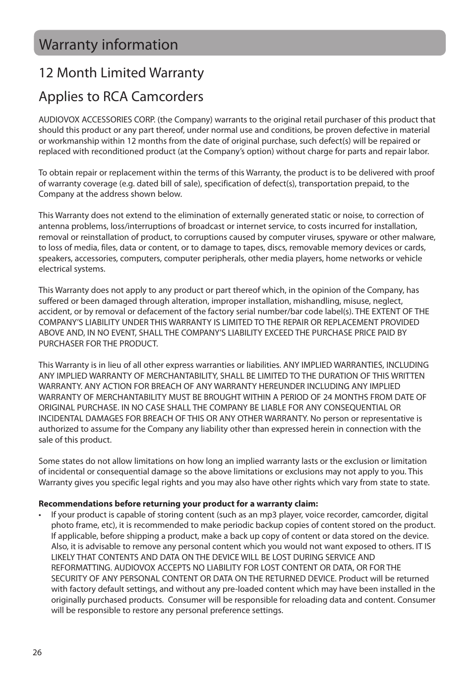 Warranty information, 12 month limited warranty | RCA EZ2110 User Manual | Page 27 / 29