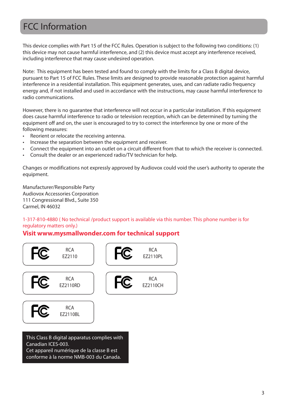 Fcc information | RCA EZ2110 User Manual | Page 4 / 29