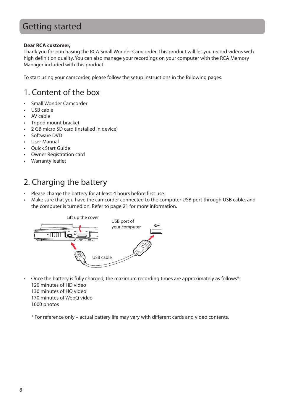 Getting started, Content of the box, Charging the battery | RCA EZ2110 User Manual | Page 9 / 29