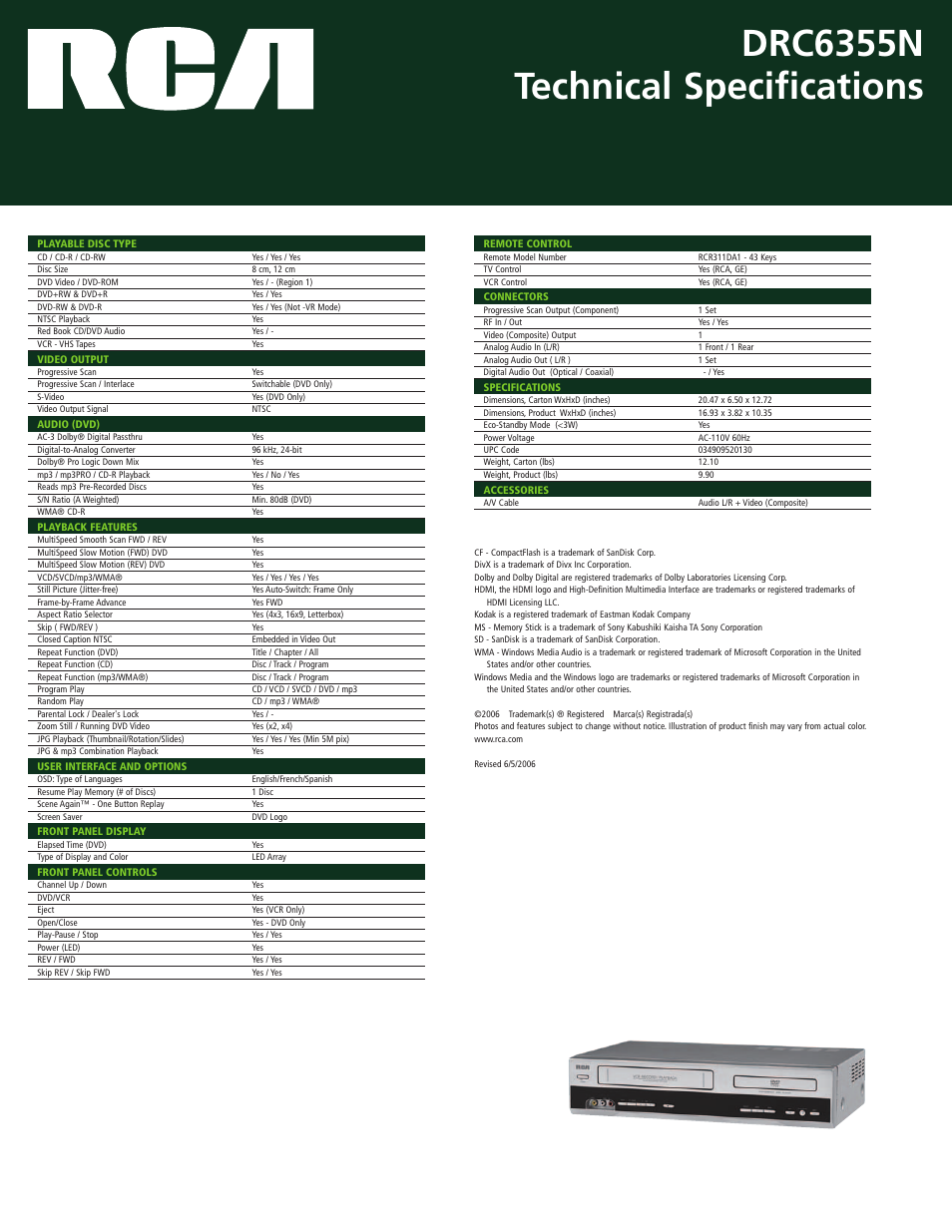 Drc6355n technical specifications | RCA DRC6355N User Manual | Page 2 / 2