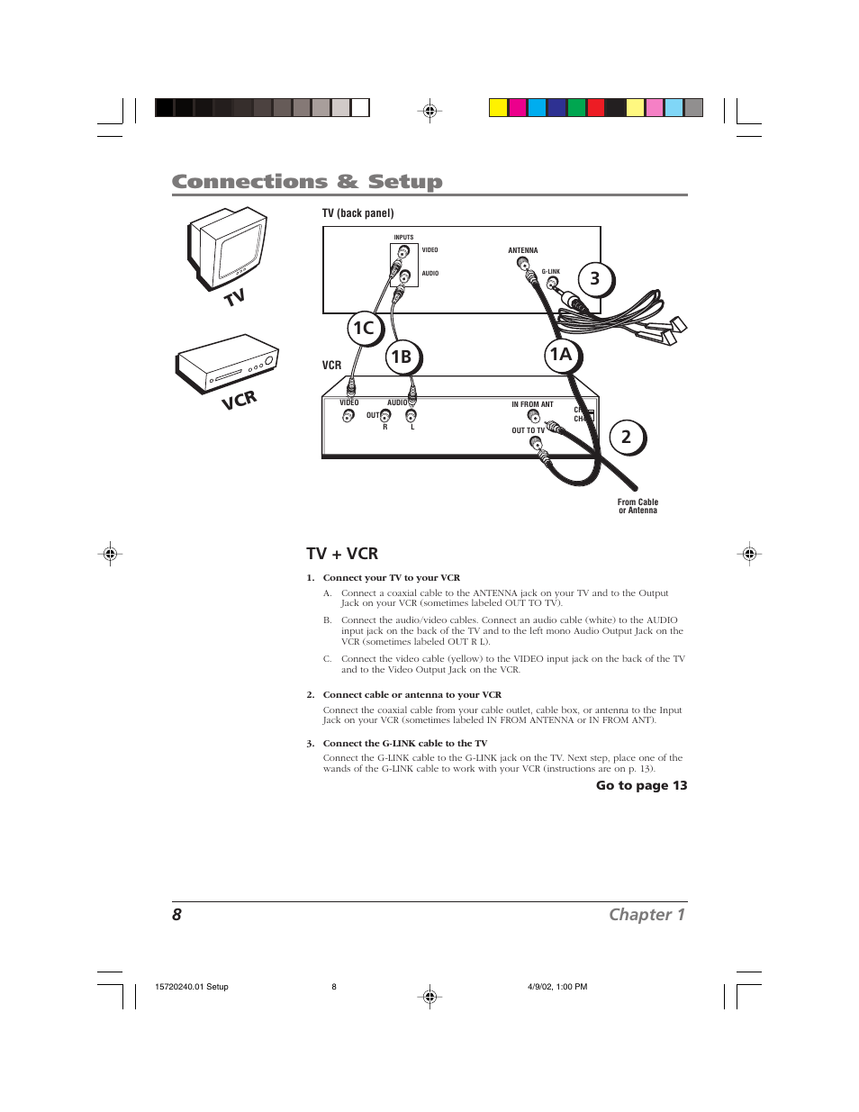 Connections & setup, 8chapter 1 tv + vcr, Tv vcr | RCA F19426 User Manual | Page 10 / 64