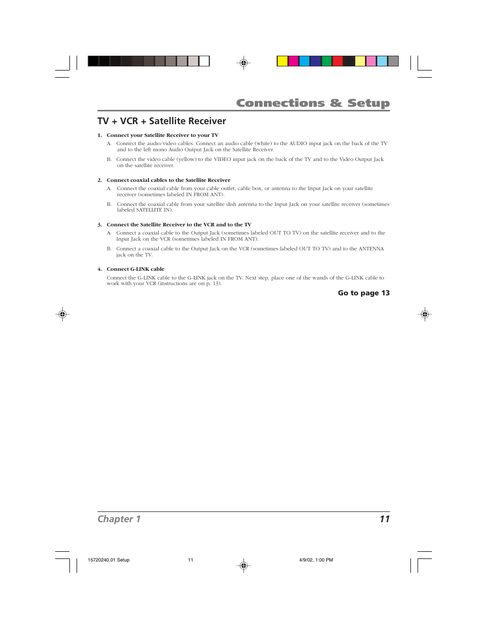 Connections & setup, Chapter 1 11 tv + vcr + satellite receiver | RCA F19426 User Manual | Page 13 / 64