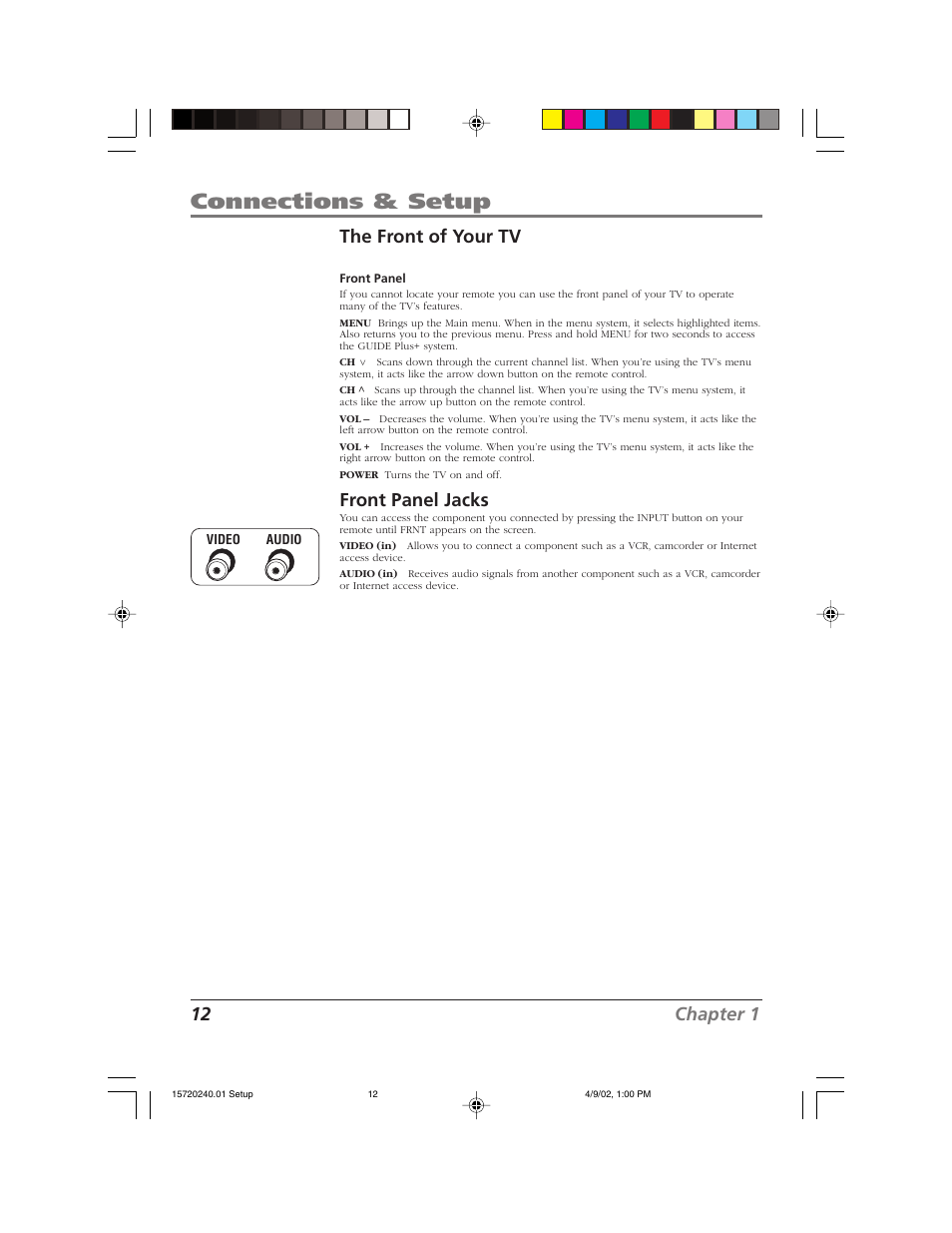 Connections & setup, 12 chapter 1 the front of your tv, Front panel jacks | RCA F19426 User Manual | Page 14 / 64