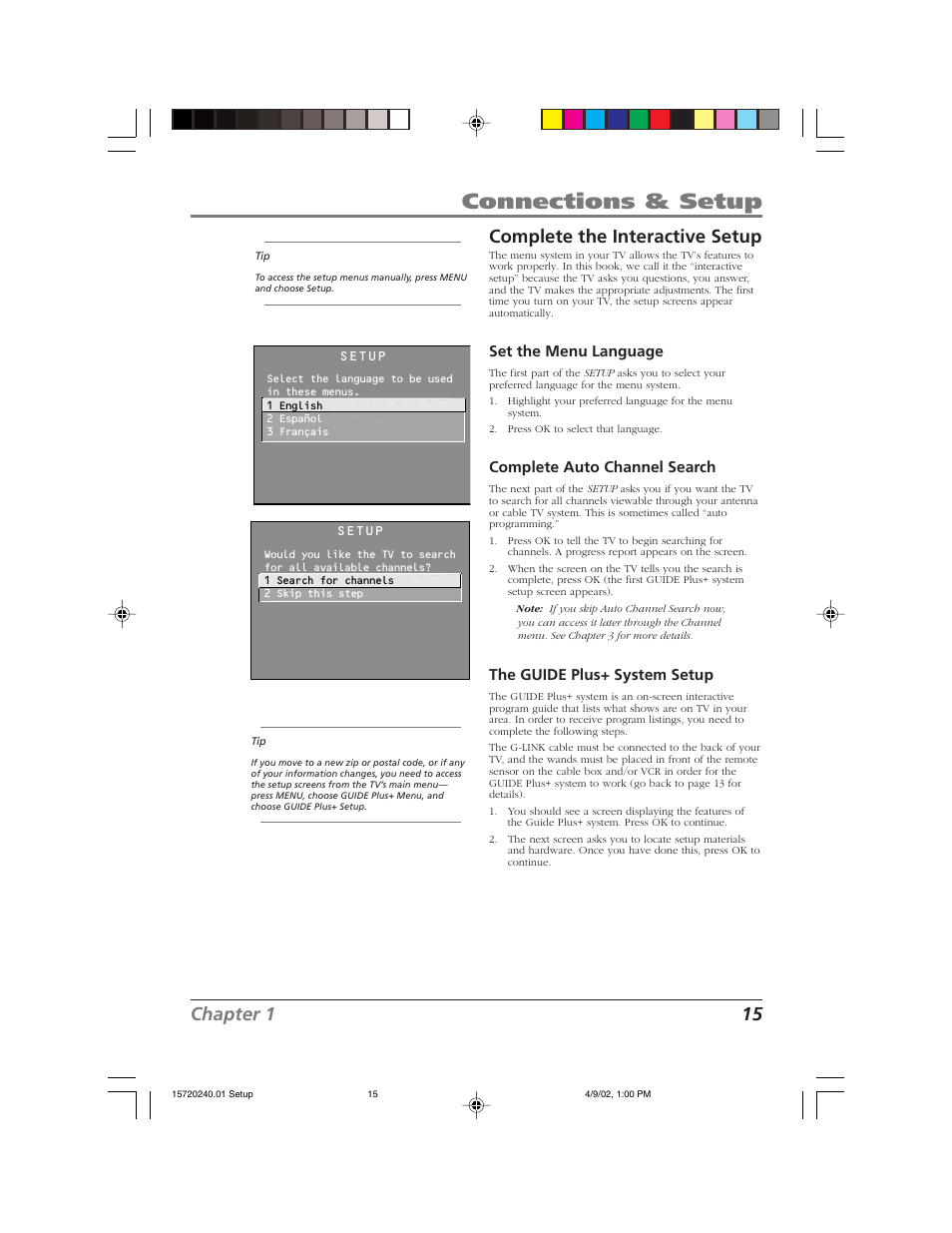 Connections & setup, Chapter 1 15, Complete the interactive setup | Set the menu language, Complete auto channel search, The guide plus+ system setup | RCA F19426 User Manual | Page 17 / 64