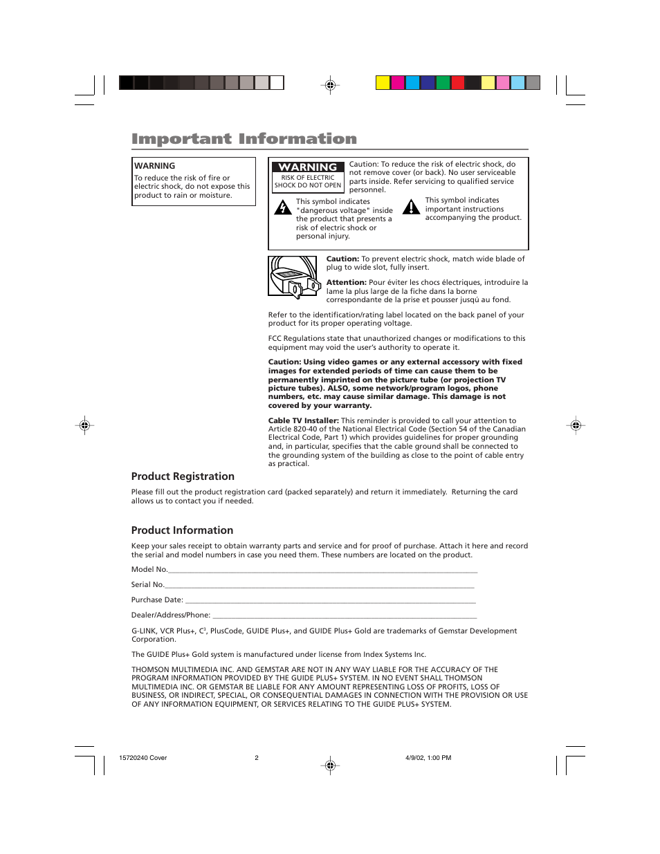 Important information, Product registration, Product information | Warning | RCA F19426 User Manual | Page 2 / 64