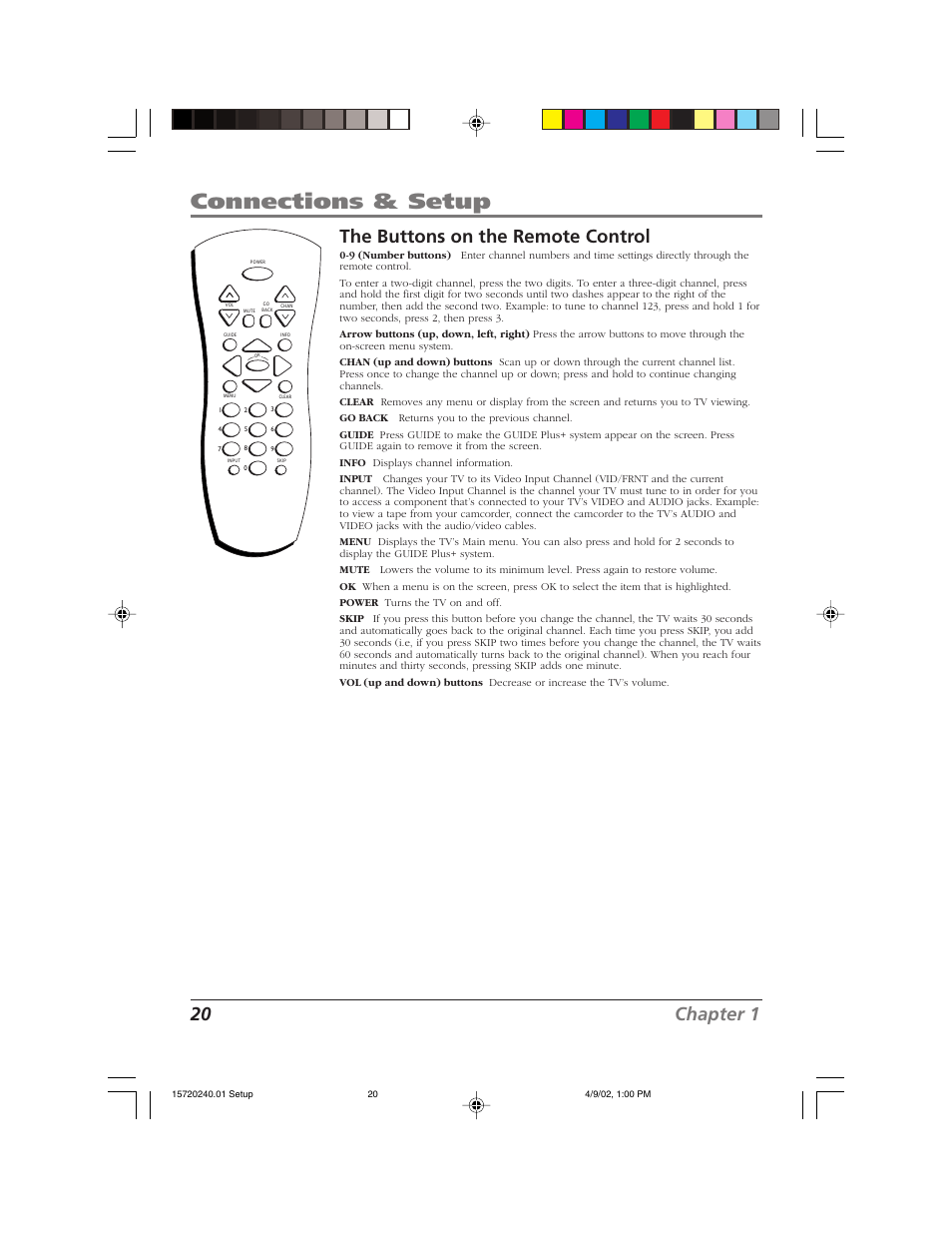 Connections & setup, 20 chapter 1, The buttons on the remote control | RCA F19426 User Manual | Page 22 / 64