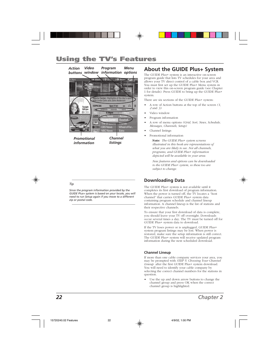 Using the tv’s features, 22 chapter 2 about the guide plus+ system, Downloading data | RCA F19426 User Manual | Page 24 / 64