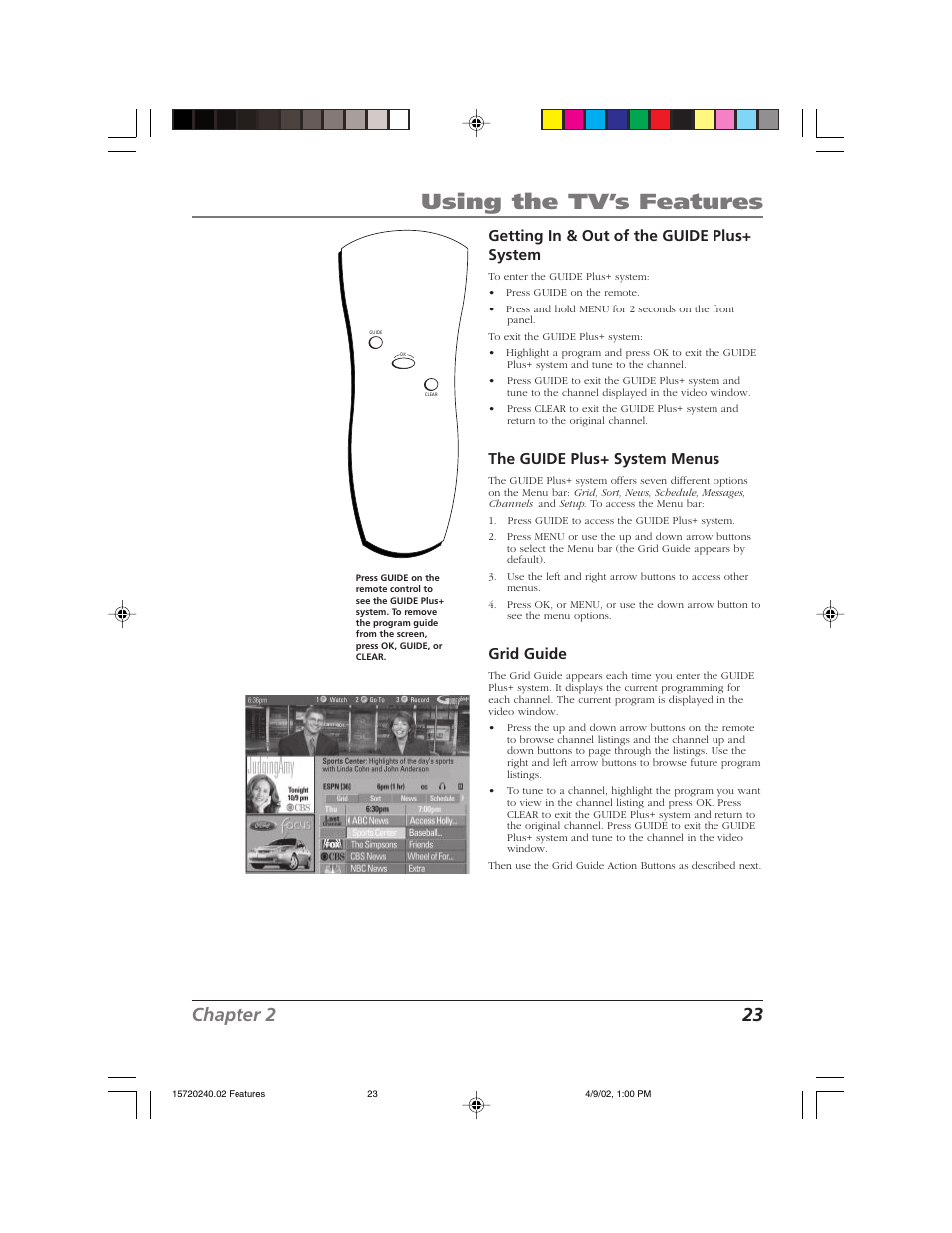 Using the tv’s features, Chapter 2 23, Getting in & out of the guide plus+ system | The guide plus+ system menus, Grid guide | RCA F19426 User Manual | Page 25 / 64