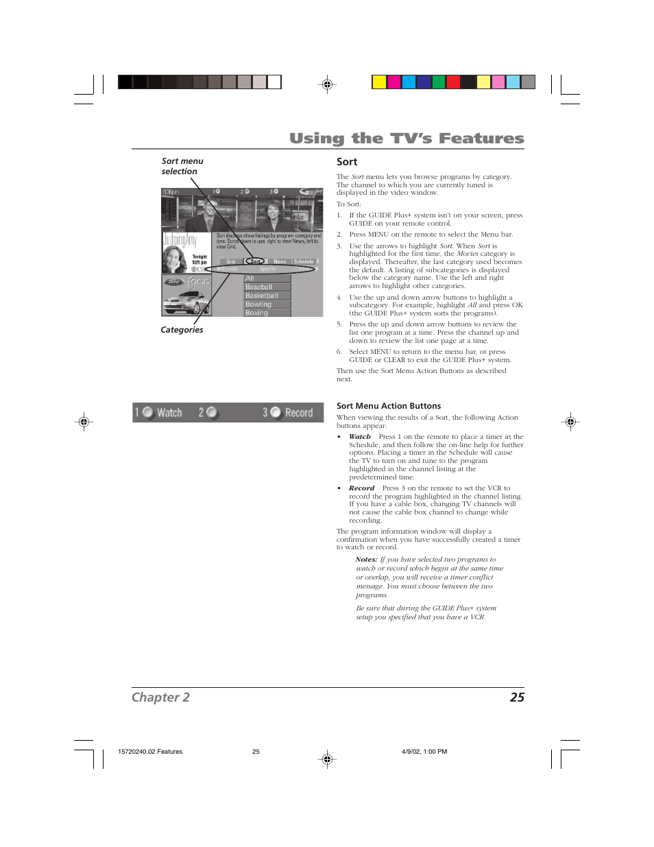 Using the tv’s features, Chapter 2 25, Sort | RCA F19426 User Manual | Page 27 / 64