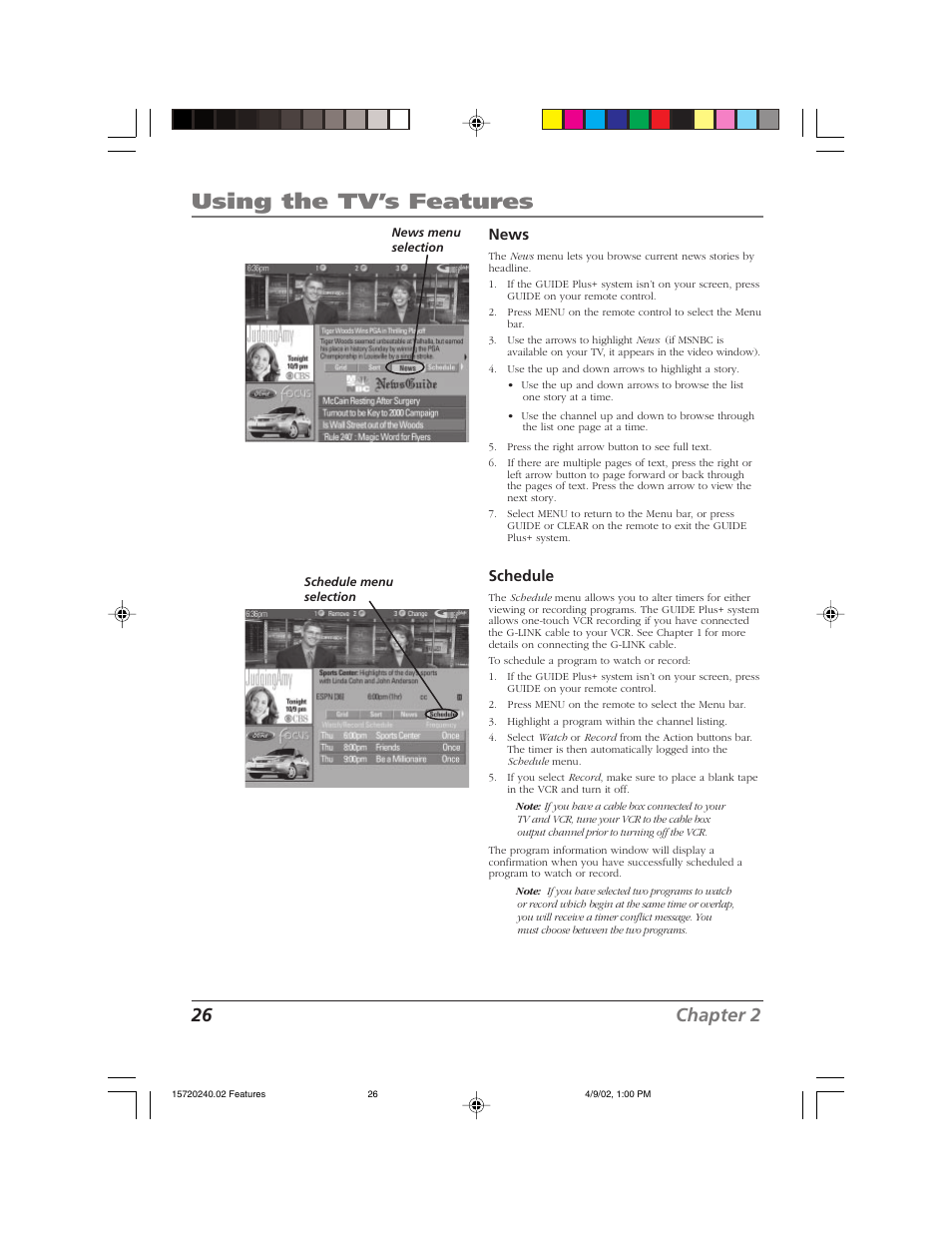 Using the tv’s features, 26 chapter 2, News | Schedule | RCA F19426 User Manual | Page 28 / 64