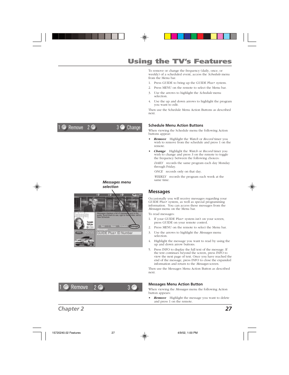 Using the tv’s features, Chapter 2 27, Messages | RCA F19426 User Manual | Page 29 / 64