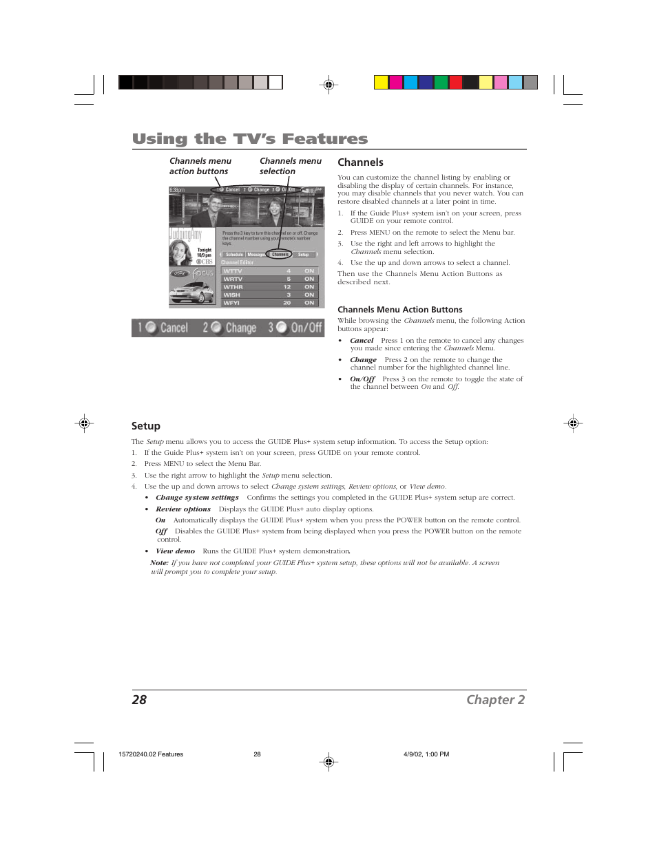 Using the tv’s features, 28 chapter 2, Channels | Setup | RCA F19426 User Manual | Page 30 / 64