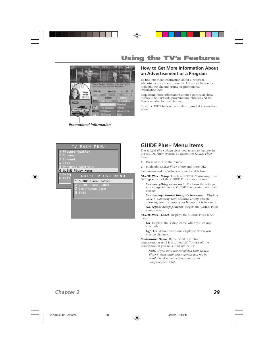 Using the tv’s features, Chapter 2 29, Guide plus+ menu items | RCA F19426 User Manual | Page 31 / 64