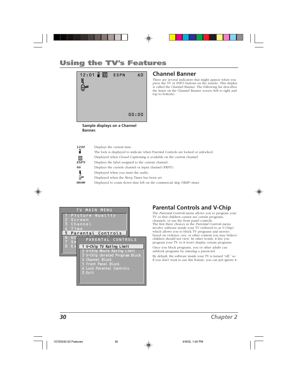 Using the tv’s features, 30 chapter 2 channel banner, Parental controls and v-chip | RCA F19426 User Manual | Page 32 / 64