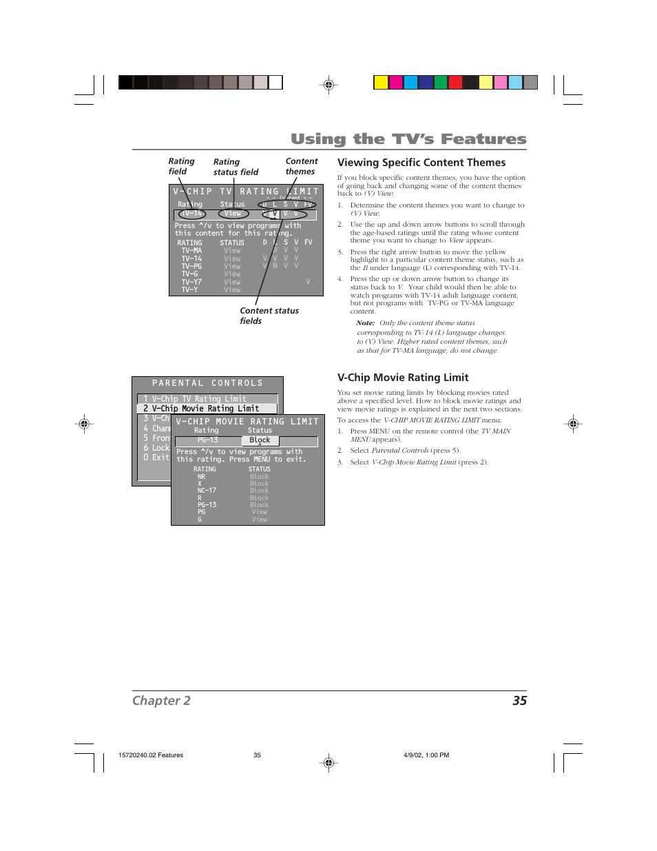 Using the tv’s features, Chapter 2 35, Viewing specific content themes | V-chip movie rating limit | RCA F19426 User Manual | Page 37 / 64