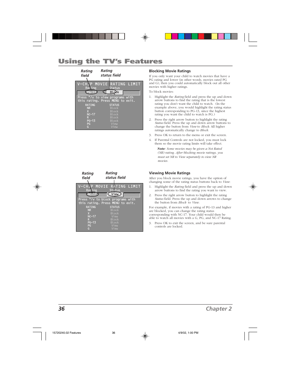 Using the tv’s features, 36 chapter 2 | RCA F19426 User Manual | Page 38 / 64