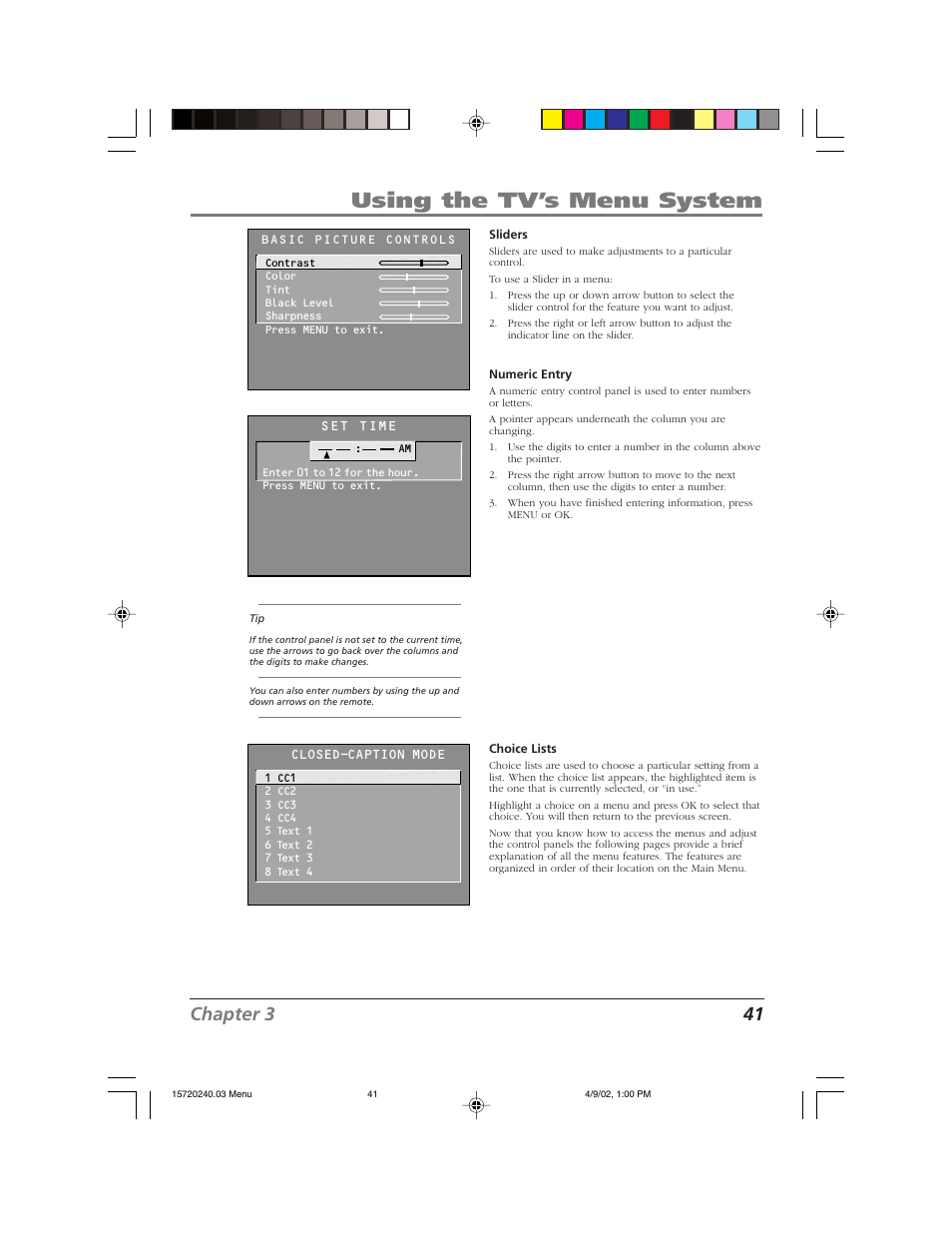 Using the tv’s menu system, Chapter 3 41 | RCA F19426 User Manual | Page 43 / 64