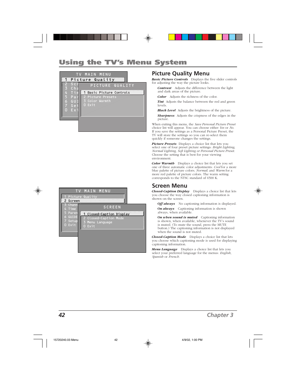 Using the tv’s menu system, 42 chapter 3, Picture quality menu | Screen menu | RCA F19426 User Manual | Page 44 / 64