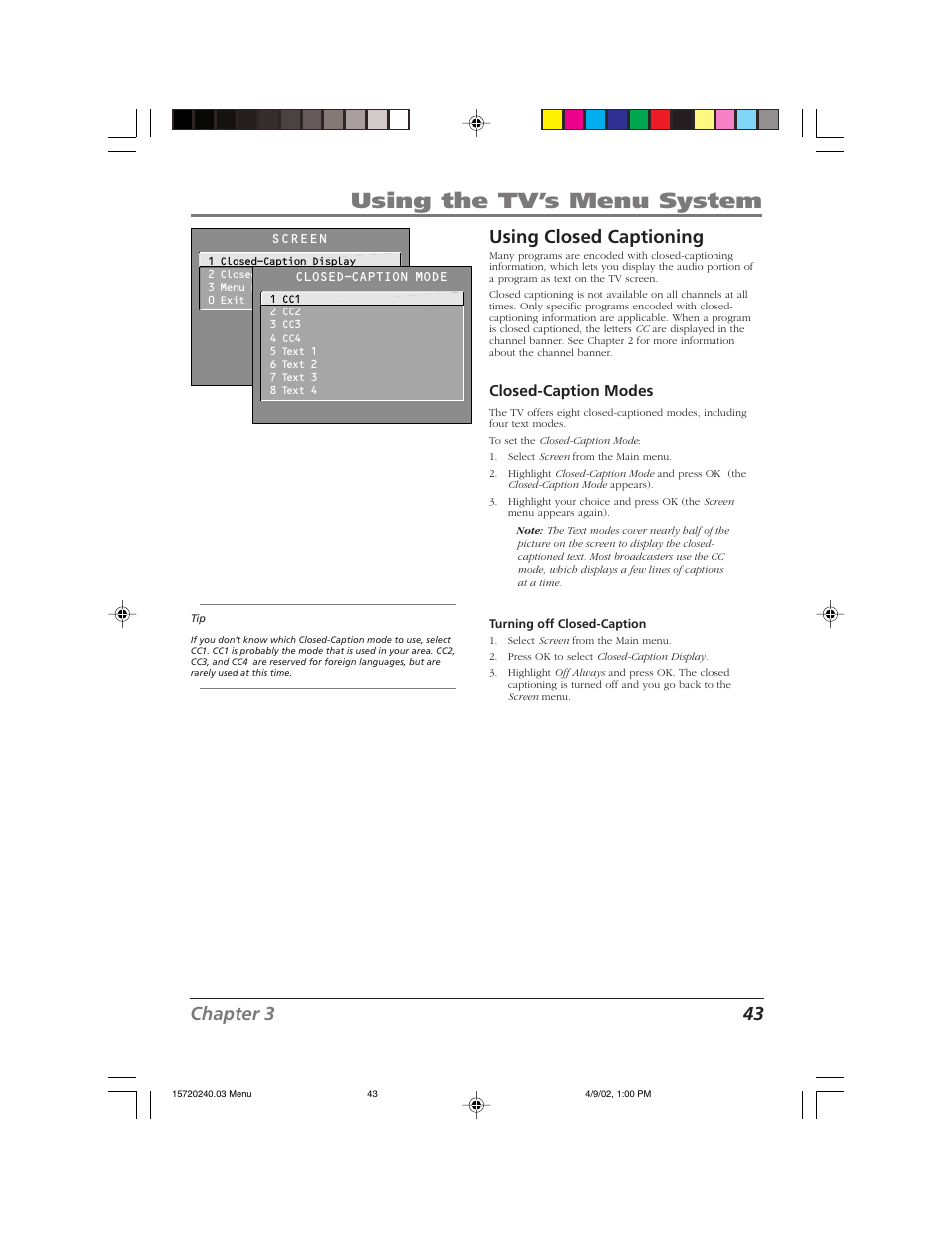 Using the tv’s menu system, Chapter 3 43, Using closed captioning | Closed-caption modes | RCA F19426 User Manual | Page 45 / 64